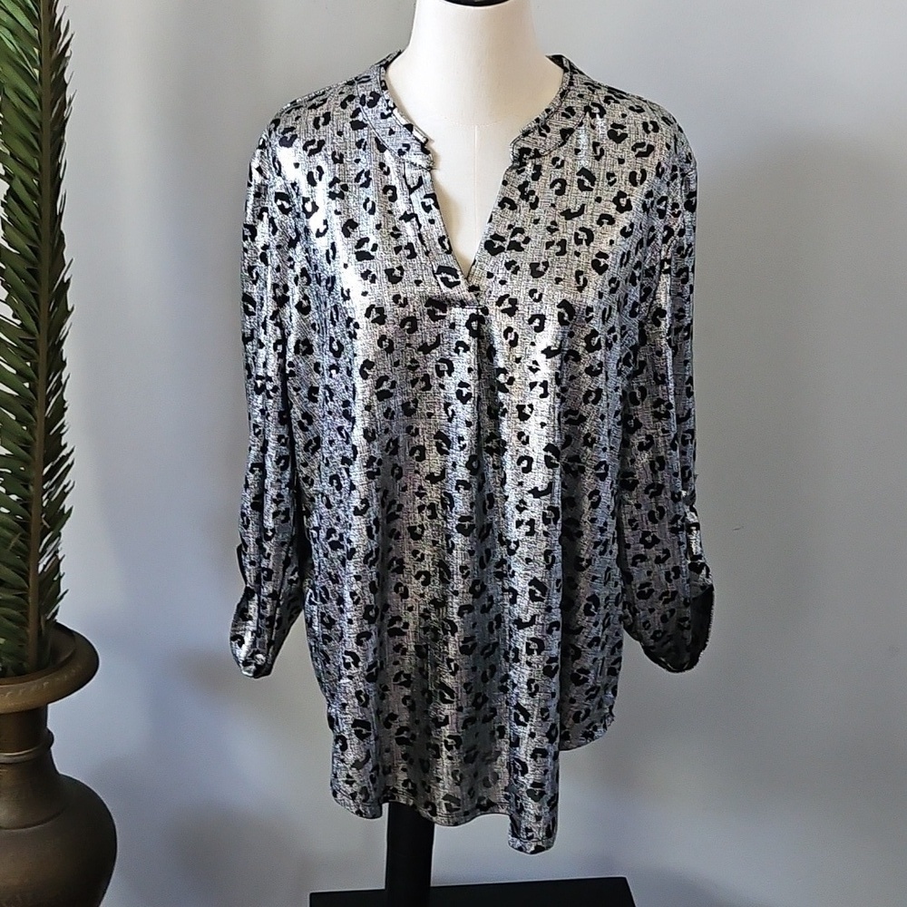 Cato Metallic Silver and Black Leopard Print Blouse